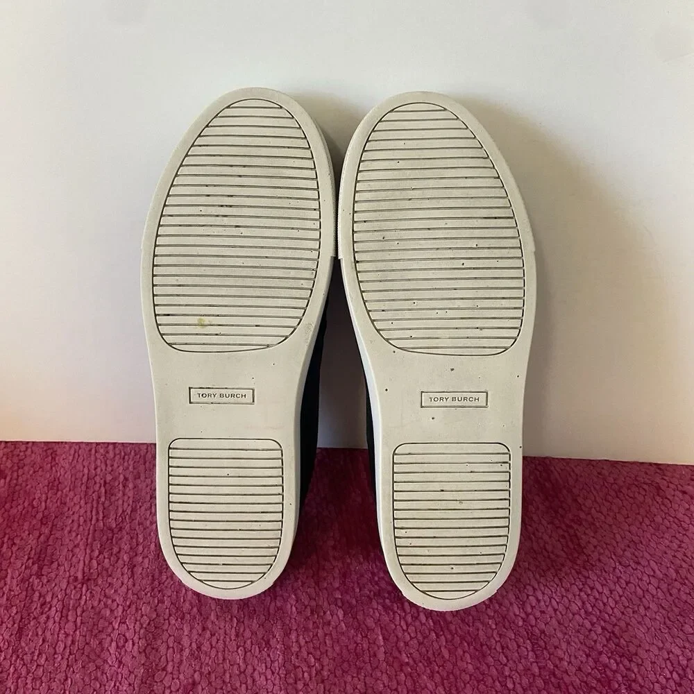 Tory Burch Lennon Slip On Leather Sneakers Laser Perforated Navy Blue Size 8.5M